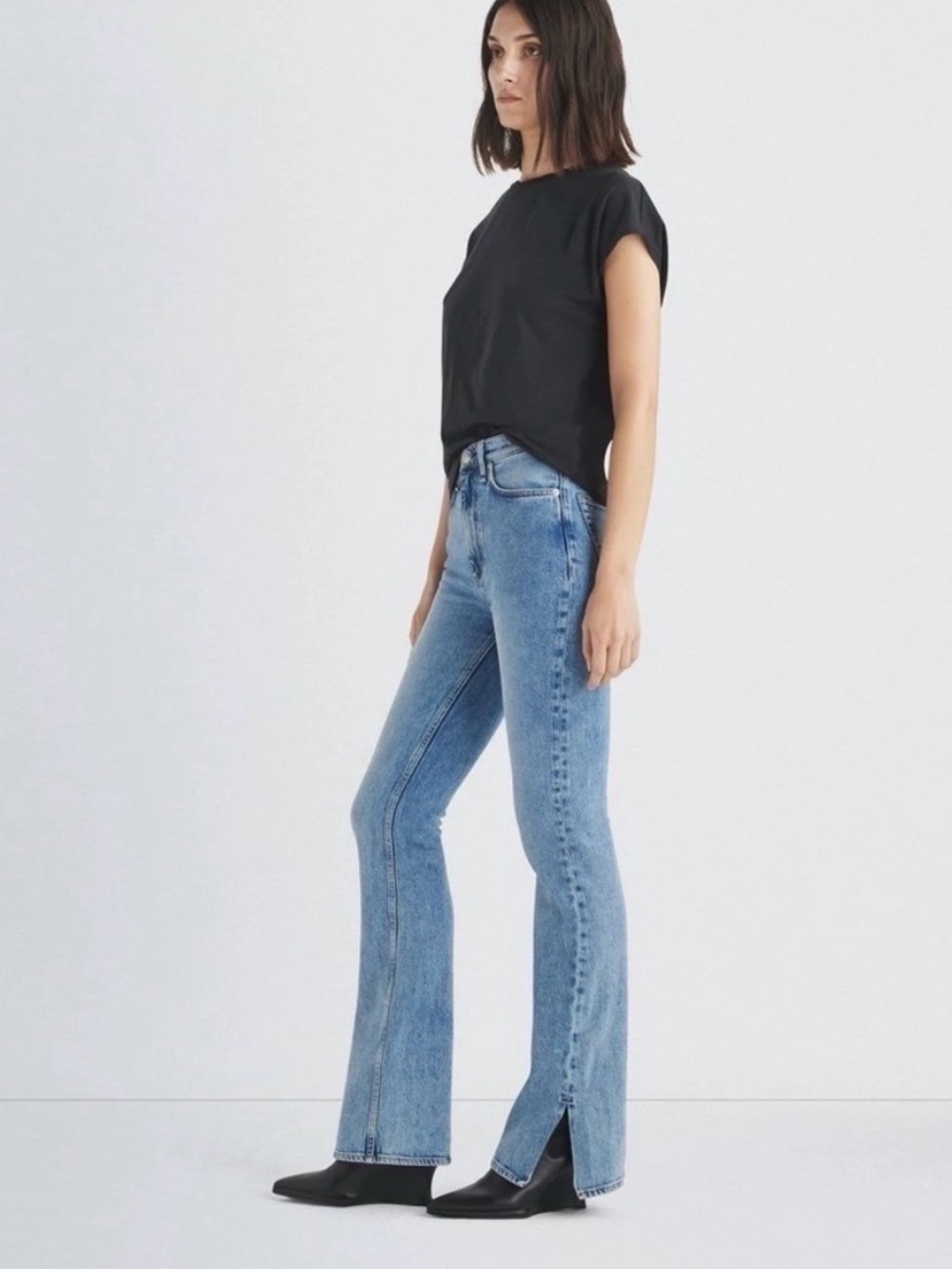 Rag & Bone Peyton High Rise Slit Hem Flare Leg Jeans in Summers Blue Size 27